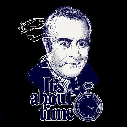 Detailed monochrome ink sketch illustration of a smiling vintage man with a cigarette, a classic pocket watch, and the text It's about time. — Λεπτομερές σκίτσο ενός χαμογελαστού vintage άντρα με τσιγάρ 