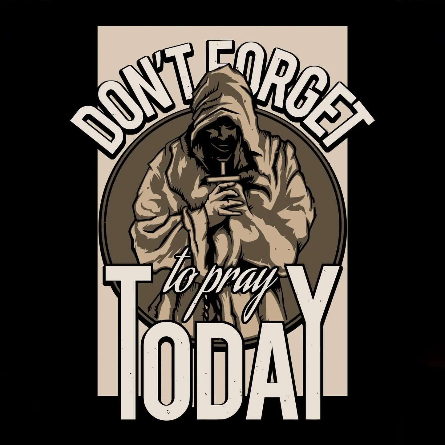 Detailed vintage woodcut style illustration featuring a hooded monk figure in a prayer pose holding a cross. — Ρετρό ξυλογραφία μοναχού με κουκούλα σε προσευχή κρατώντας σταυρό