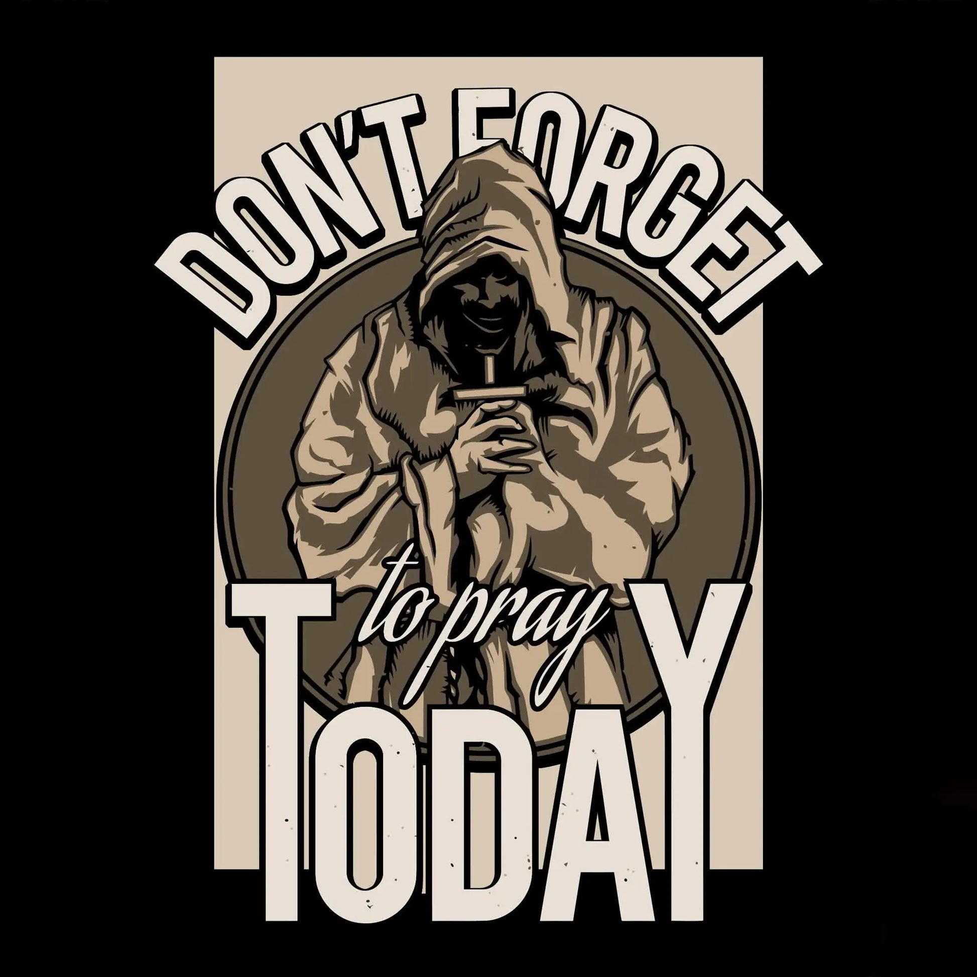 Detailed vintage woodcut style illustration featuring a hooded monk figure in a prayer pose holding a cross. — Ρετρό ξυλογραφία μοναχού με κουκούλα σε προσευχή κρατώντας σταυρό