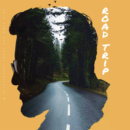 Double exposure artistic design featuring human silhouette με forest road landscape και flying birds - nature φύση wilderness artwork για outdoor enthusiasts