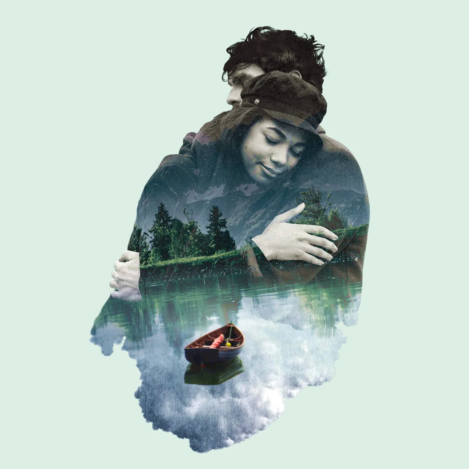 Double exposure romantic hug artwork blending couple, forest and lake – Σχέδιο διπλής έκθεσης με ρομαντική αγκαλιά, δάσος και λίμνη.