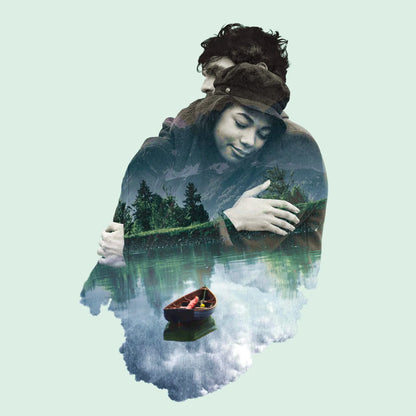 Double exposure romantic hug artwork blending couple, forest and lake – Σχέδιο διπλής έκθεσης με ρομαντική αγκαλιά, δάσος και λίμνη.