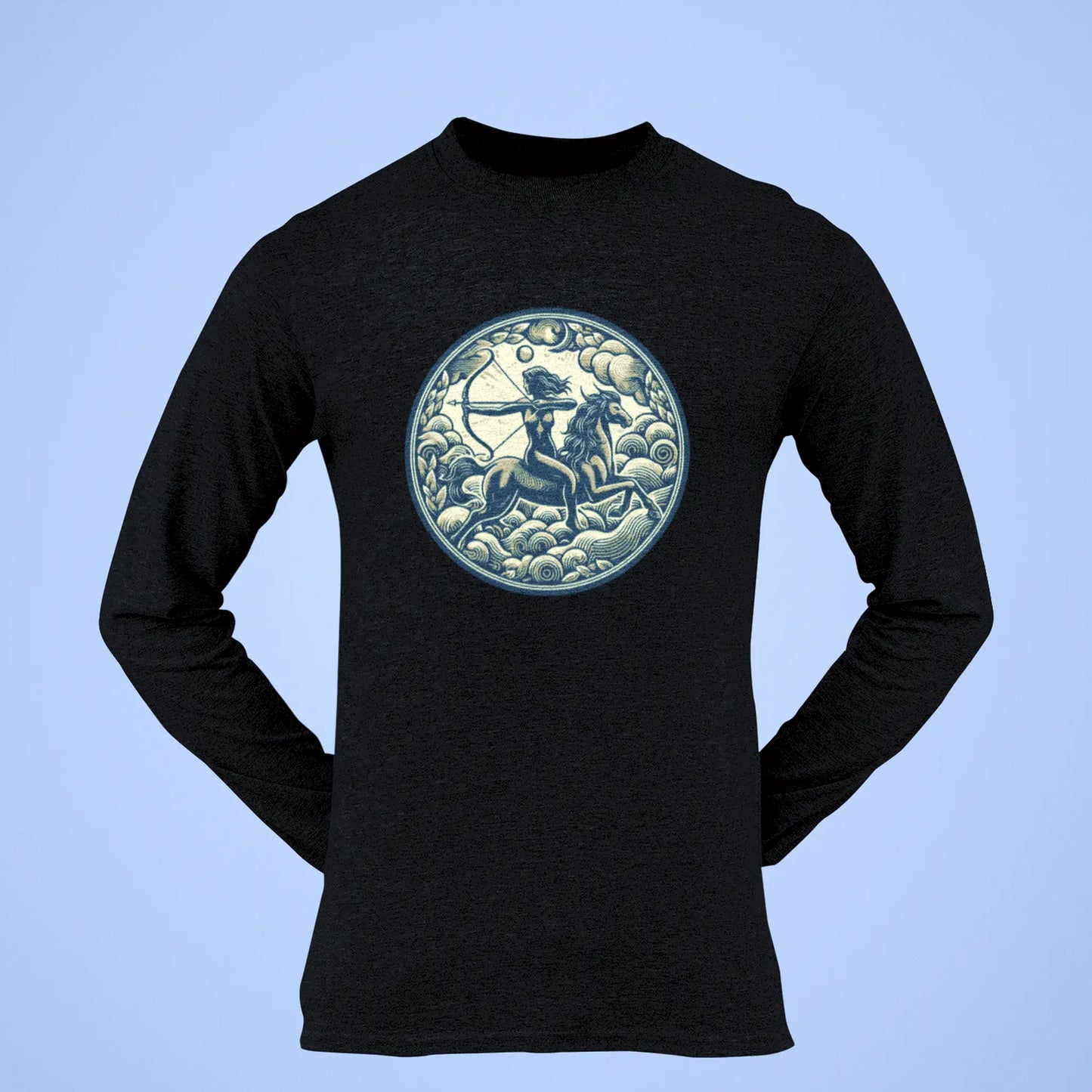 Dramatic Sagittarius illustration on a black long sleeve t-shirt, highlighting the archer’s silhouette against deep tones.” – «Δραματική απεικόνιση Τοξότη σε μαύρο μακρυμάνικο t-shirt, που αναδεικνύει τη σιλουέτα του τοξότη μέσα σε βαθιούς τόνους.»

“Sagittarius centaur artwork on a black long sleeve t-shirt, symbolizing wisdom, strength, and cosmic direction.” – «Έργο Τοξότη με κένταυρο σε μαύρο μακρυμάνικο t-shirt, που συμβολίζει σοφία, δύναμη και κοσμική κατεύθυνση.