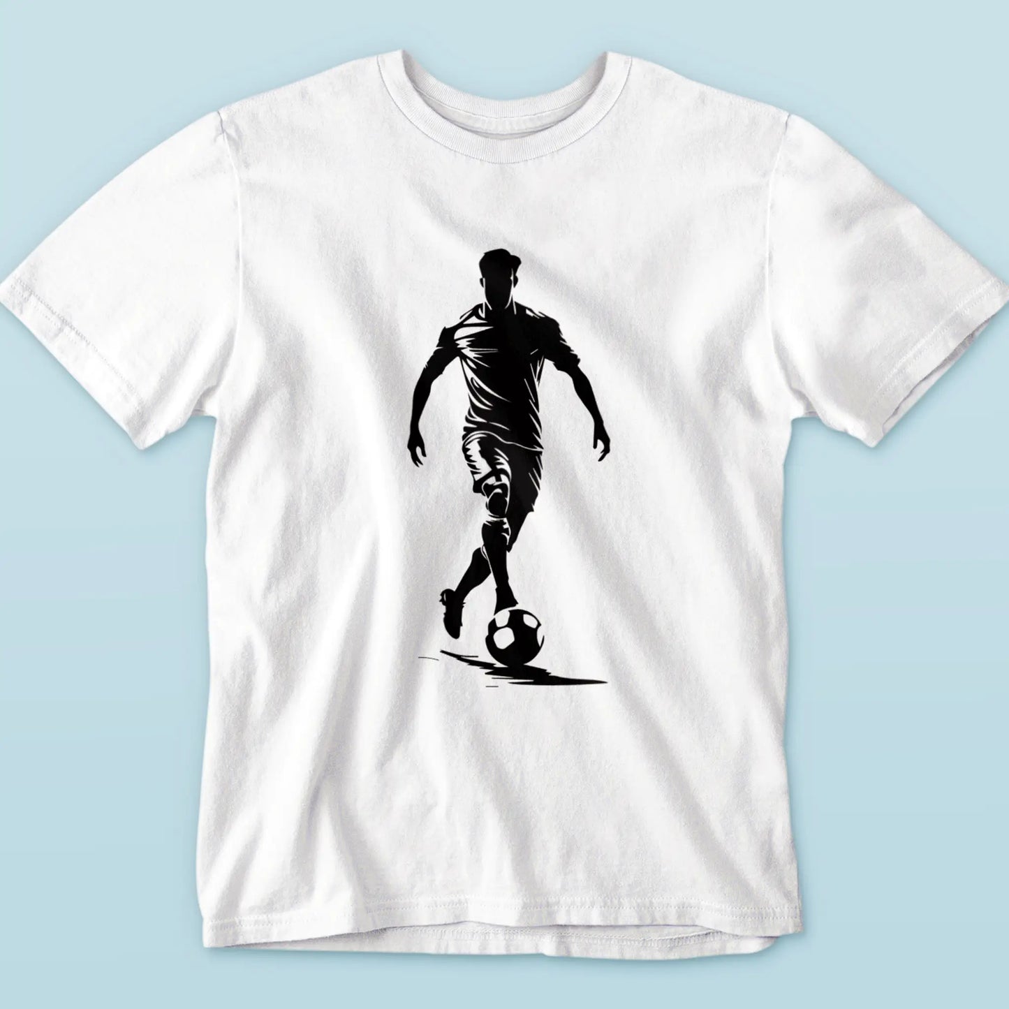 Dynamic football player mid-dribble on premium white shirt - η τέλεια επιλογή για street football culture