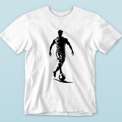 Dynamic football player mid-dribble on premium white shirt - η τέλεια επιλογή για street football culture