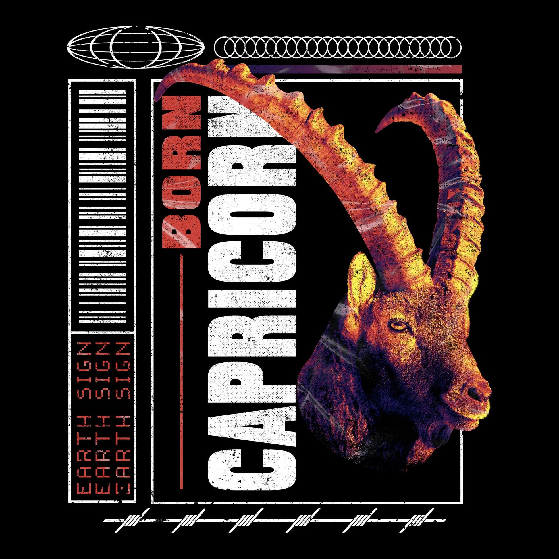 Earth Sign Capricorn" zodiac design featuring bold repetitive typography and stylized "GAPRICOR" text in urban trap style, emphasizing grounded energy / Σχέδιο ζώδιου Αιγόκερου με έντονη επαναλαμβανόμενη τυπογραφία και stylized κείμενο "GAPRICOR" σε urban trap στυλ, δίνοντας έμφαση στη γήινη ενέργεια