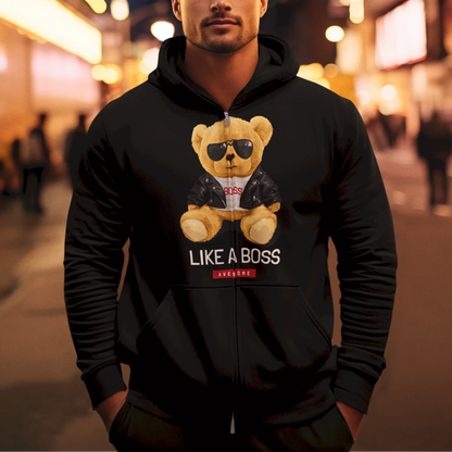 Edgy zip hoodie featuring boss-style teddy – Μαύρη ζακέτα με τολμηρό σχέδιο αρκούδου αφεντικό