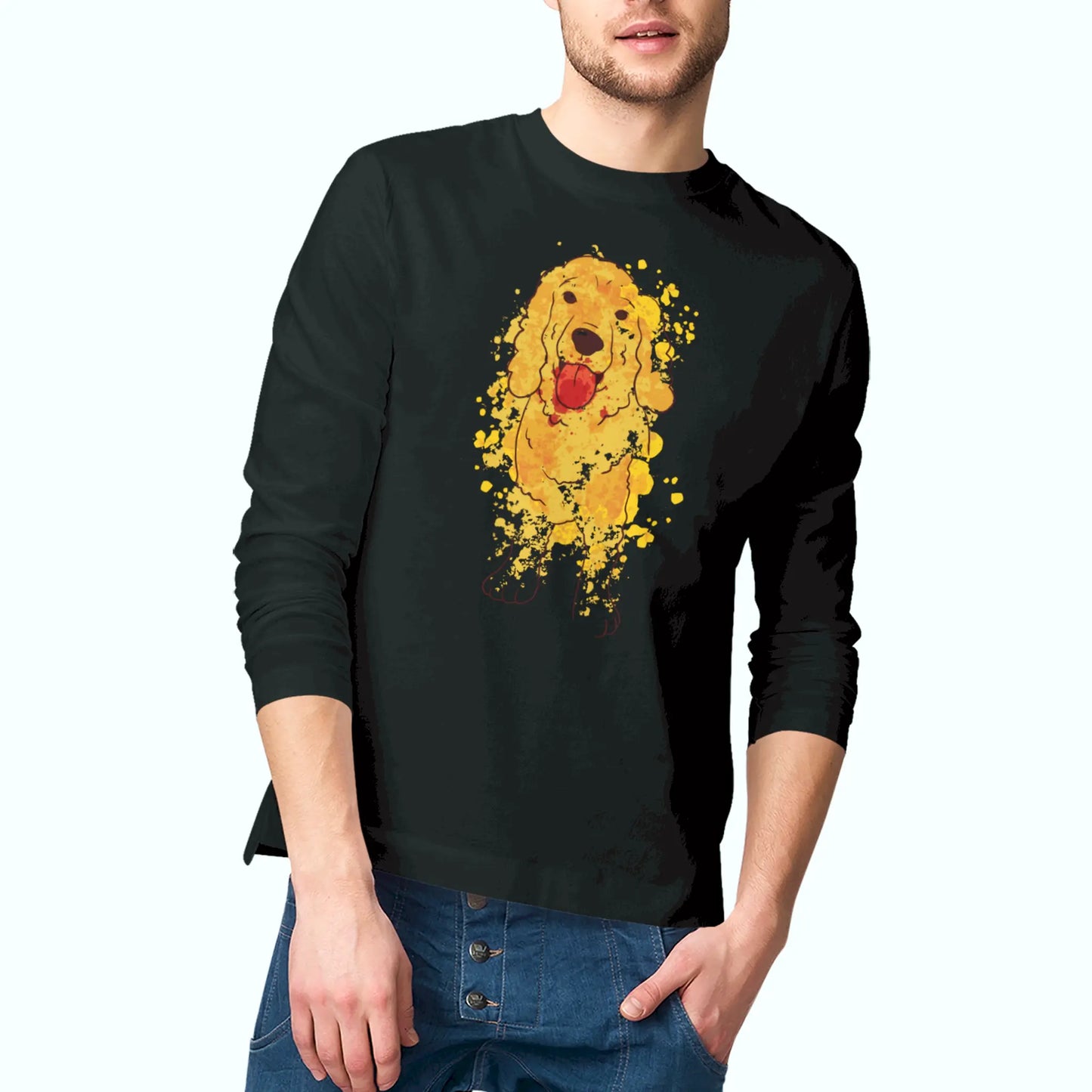 Elegant black long sleeve with vivid Cocker Spaniel in watercolor art — Κομψή μαύρη μακρυμάνικη με ζωντανό Cocker σε υδατογραφία.