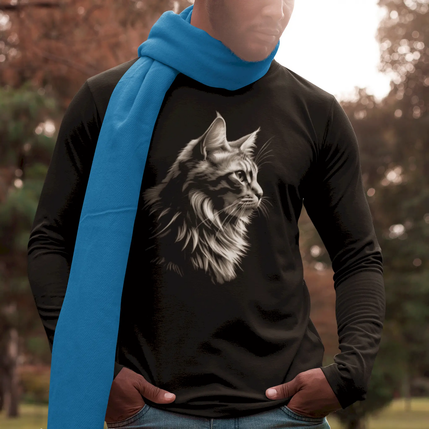 Elegant black shirt featuring artistic cat portrait – Καλλιτεχνική αποτύπωση γάτας σε μαύρο μακρυμάνικο φανελάκι