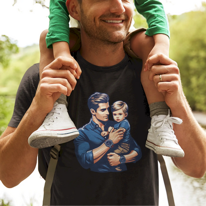 Elegant black t-shirt featuring dad holding son, perfect Father’s Day gift – Κομψό μαύρο μπλουζάκι με μπαμπά που κρατά τον γιο, ιδανικό δώρο για την Ημέρα του Πατέρα