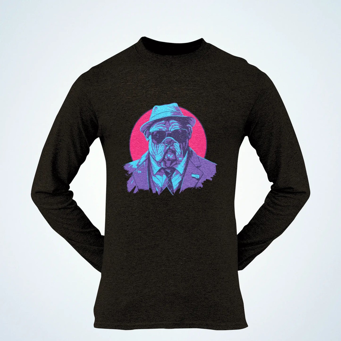 Elegant bulldog in suit contrasts crisply on black long sleeve – Ο κομψός σκύλος με κοστούμι δημιουργεί έντονη αντίθεση στο λευκό μακρυμάνικο