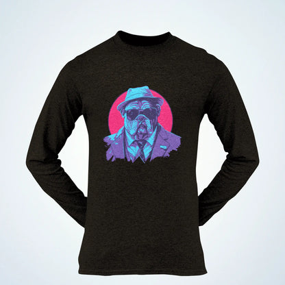 Elegant bulldog in suit contrasts crisply on black long sleeve – Ο κομψός σκύλος με κοστούμι δημιουργεί έντονη αντίθεση στο λευκό μακρυμάνικο