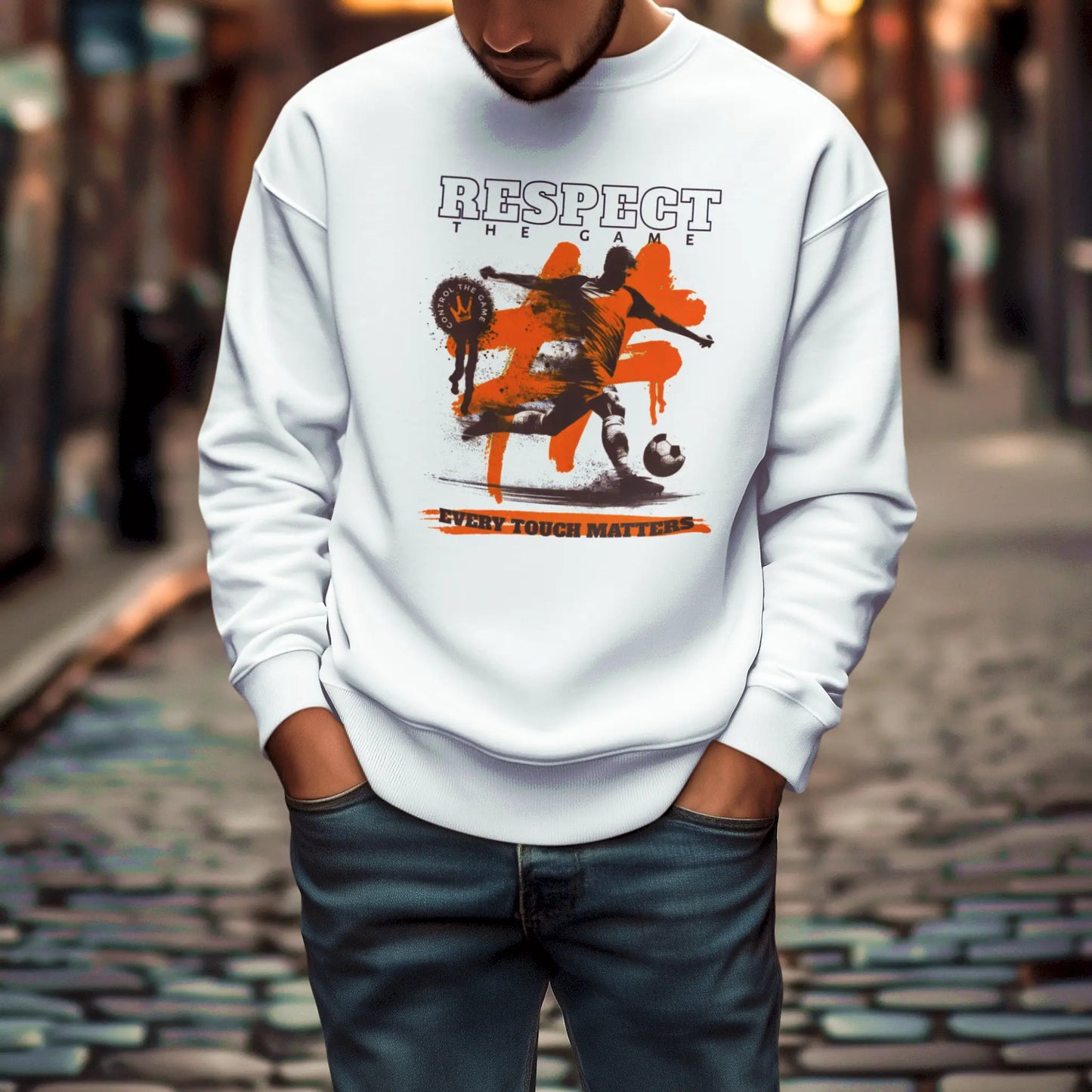 Elegant white control the game sweatshirt with urban football aesthetics - κομψό λευκό φούτερ με ποδοσφαιρική αισθητική άνεση