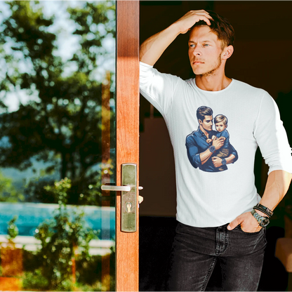 Elegant white long sleeve showing timeless bond of dad and son – Κομψό λευκό μακρυμάνικο που δείχνει τον αιώνιο δεσμό μπαμπά και γιου