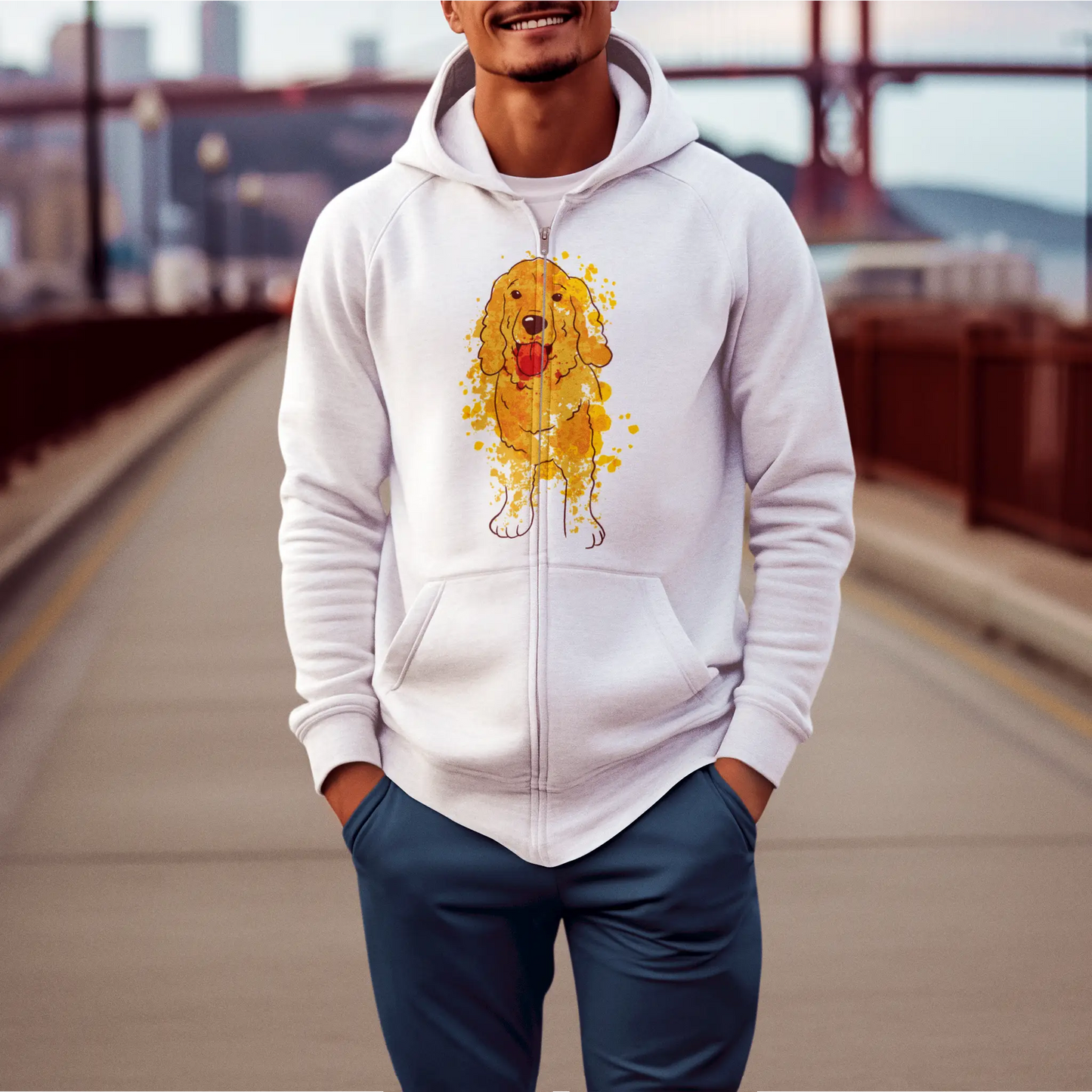 Elegant white zip hoodie with delicate watercolor Cocker Spaniel artwork — Κομψή λευκή ζακέτα με φίνο σκύλο Cocker σε υδατογραφία.