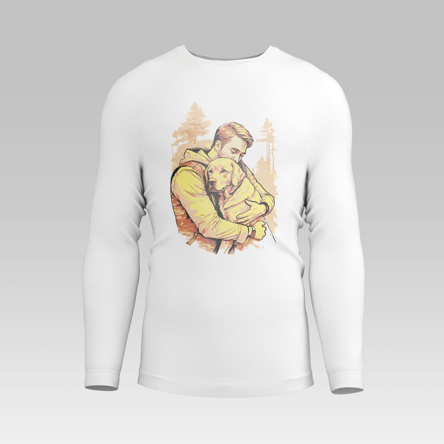 Emotive forest dog design perfect for casual white long sleeve wear - Συγκινητικό σχέδιο σκύλου σε δάσος σε λευκή μακρυμάνικη μπλούζα