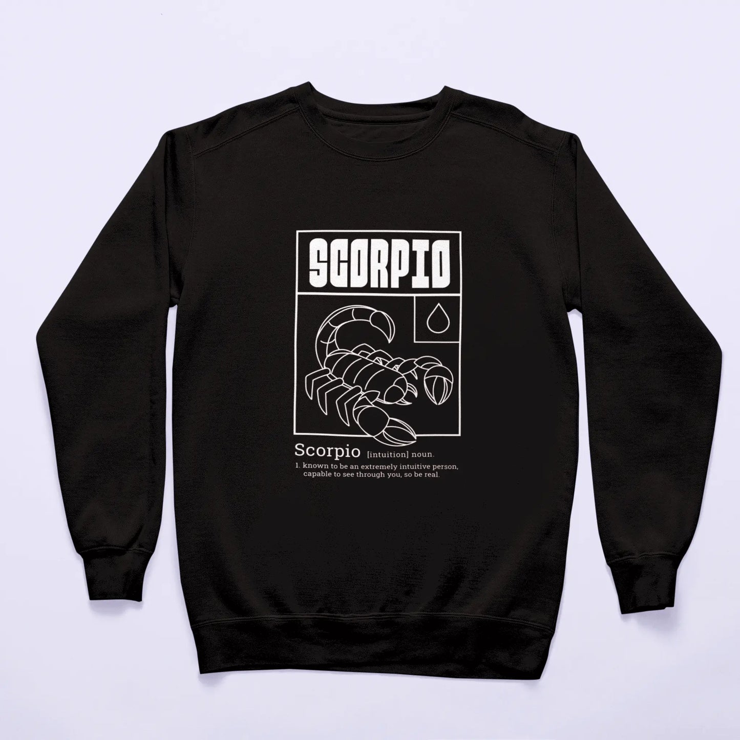 Enigmatic black sweatshirt featuring scorpio zodiac symbol and intuition definition theme - Αινιγματικό μαύρο φούτερ με σύμβολο ζωδίου σκορπιού και θέμα ορισμού διορατικότητας