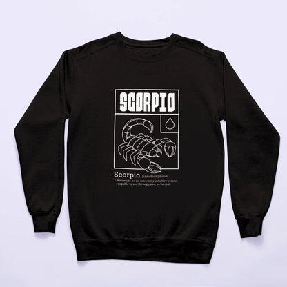 Enigmatic black sweatshirt featuring scorpio zodiac symbol and intuition definition theme - Αινιγματικό μαύρο φούτερ με σύμβολο ζωδίου σκορπιού και θέμα ορισμού διορατικότητας