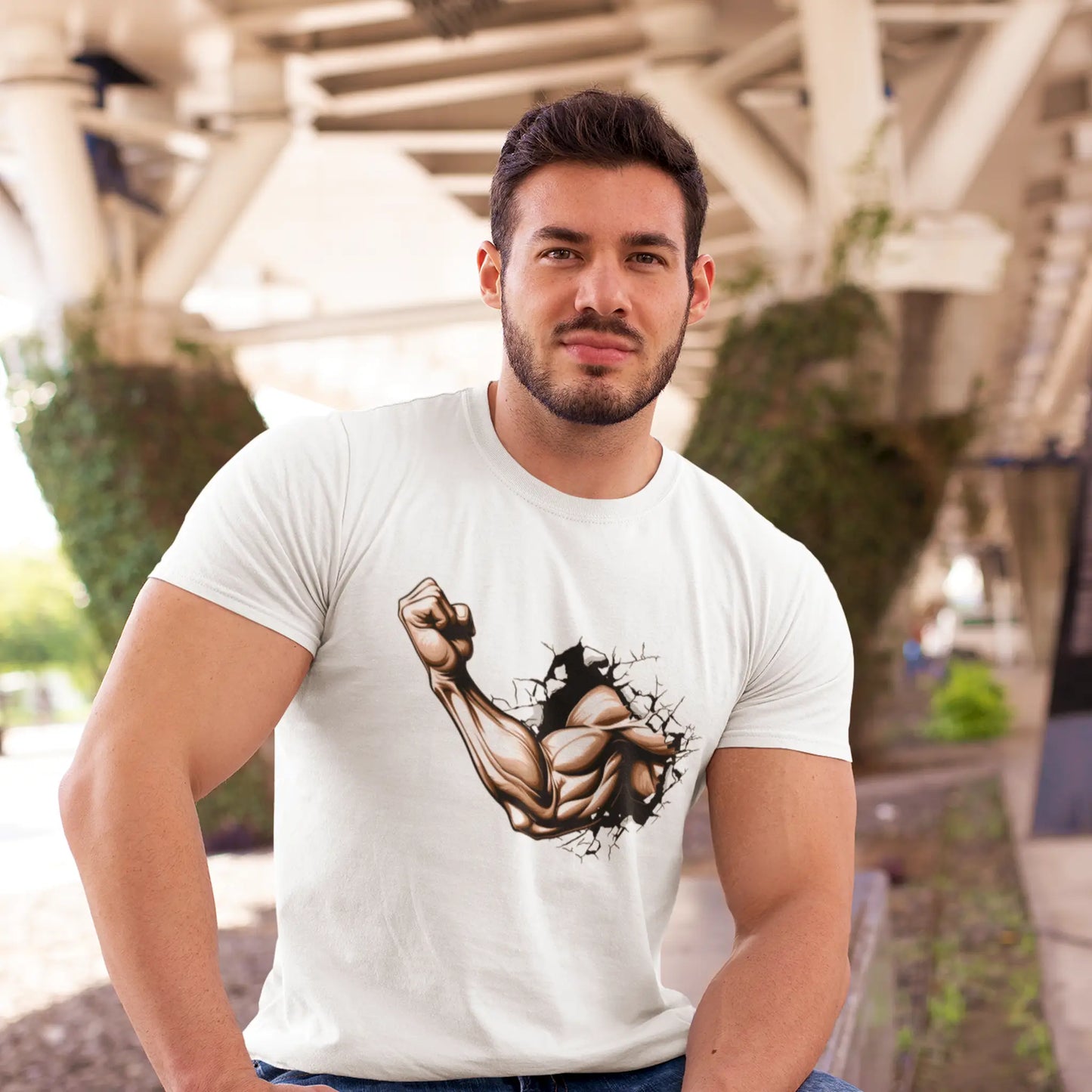 Explosive gym power printed on a white t-shirt with bold cracked wall illustration – Εκρηκτική γυμναστηριακή δύναμη πάνω σε λευκό t-shirt με τολμηρό σχέδιο ραγισμένου τοίχου.