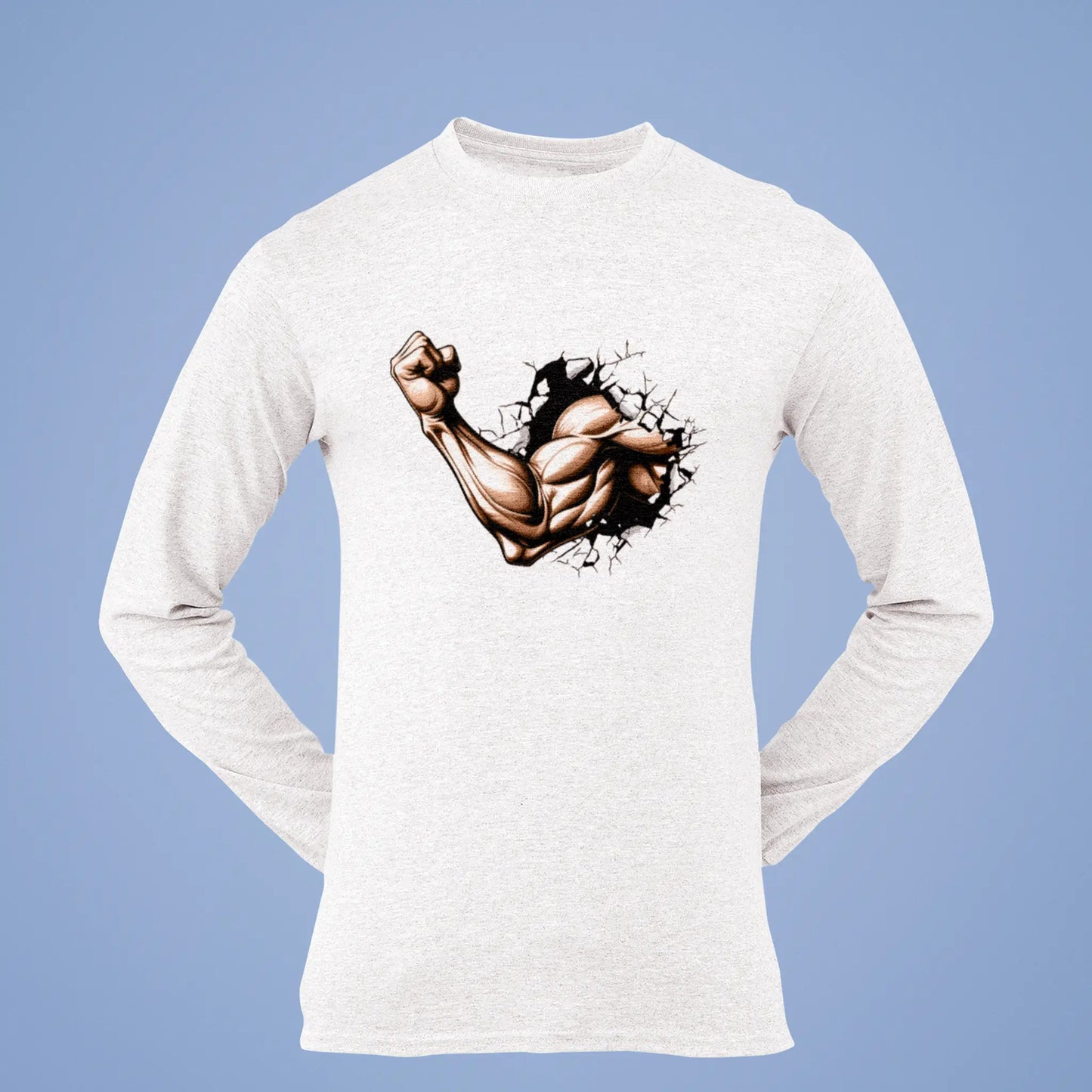 Explosive white long sleeve with a cracked stone background and bodybuilder arm – Εκρηκτική λευκή μπλούζα με φόντο σπασμένη πέτρα και μπράτσο bodybuilder.