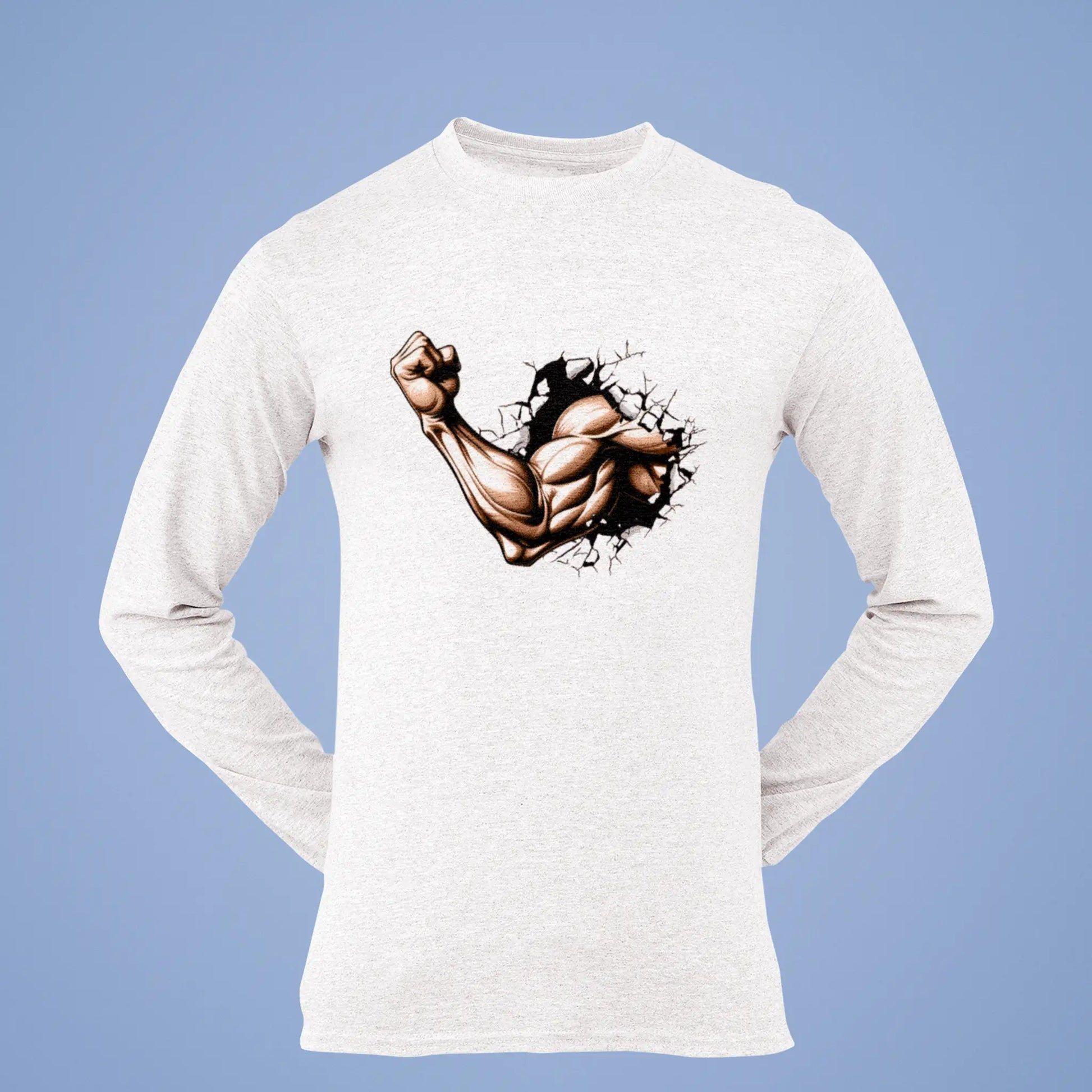 Explosive white long sleeve with a cracked stone background and bodybuilder arm – Εκρηκτική λευκή μπλούζα με φόντο σπασμένη πέτρα και μπράτσο bodybuilder.