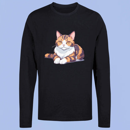 Expressive golden eyes shine from this calico on black long sleeve - Εκφραστικά χρυσά μάτια λάμπουν από αυτή τη γάτα καλικό σε μαύρη μακρυμάνικη μπλούζα