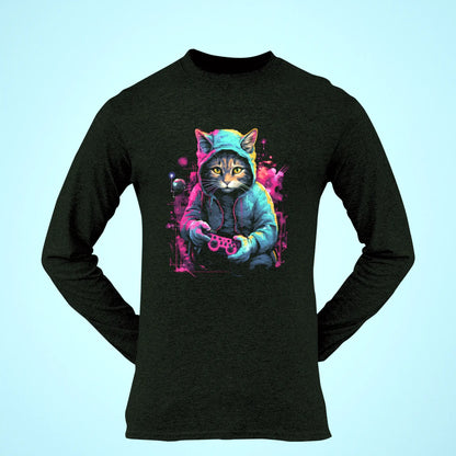 Extended sleeve tee showcasing neon gaming culture through digital art cat - εκτεταμένο μανίκι με νέον gaming κουλτούρα μέσω ψηφιακής τέχνης γάτας