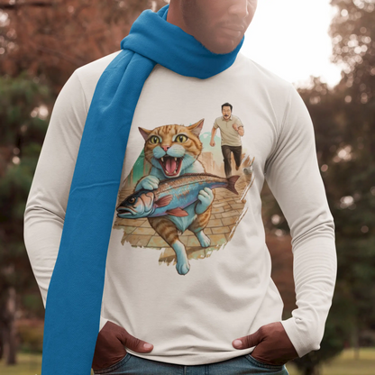 Extended white sleeve tee showcasing amusing feline adventure in detailed artwork - λευκό μακρυμάνικο μπλουζάκι με διασκεδαστική περιπέτεια γάτας που κλέβει ψάρι