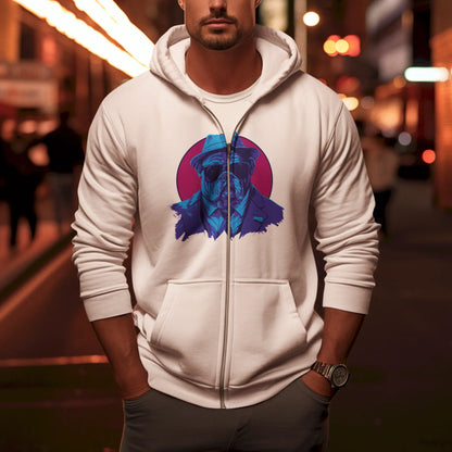 Eye-catching bulldog print modernizes classic white zip hoodie – Το εντυπωσιακό σχέδιο μπουλντόγκ εκσυγχρονίζει το κλασικό λευκό zip hoodie