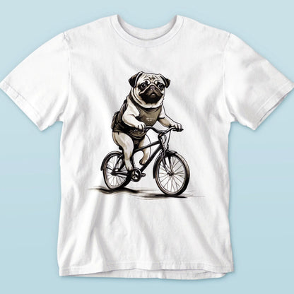 Eye-catching dog cycling art on minimalist white t-shirt | Εντυπωσιακό σκυλίσιο σχέδιο ποδηλάτου σε μίνιμαλ λευκή μπλούζα