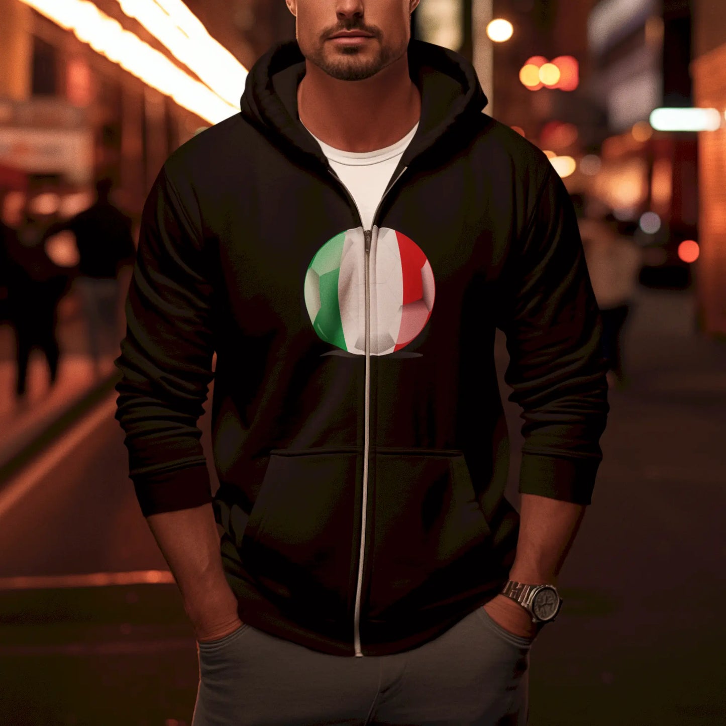 Fan-favorite black zip hoodie with bold Italian soccer design. | Μαύρο zip hoodie αγαπημένο των fans με δυνατό Ιταλικό design.