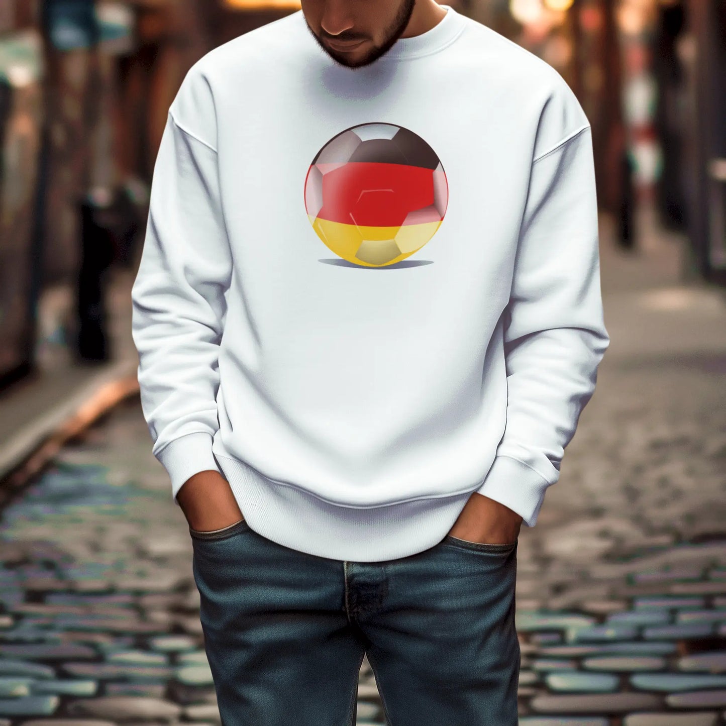 Fan-favorite white sweatshirt with Germany national colors on full display.
Αγαπημένο των φιλάθλων λευκό sweatshirt με τα εθνικά χρώματα της Γερμανίας σε πλήρη προβολή.