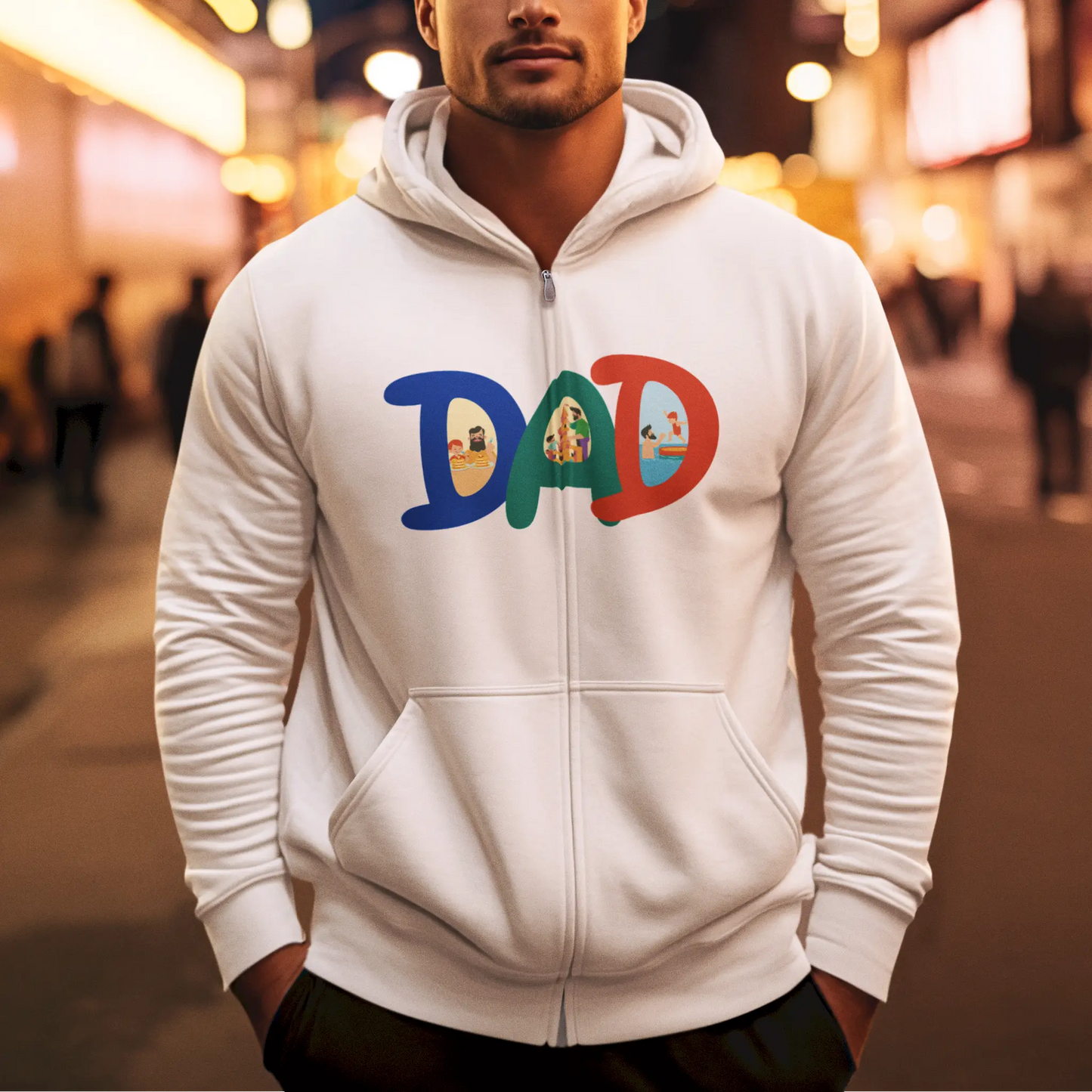 Fatherhood celebration art on white zip hoodie | Καλλιτεχνικό σχέδιο γιορτής της πατρότητας σε λευκό zip hoodie