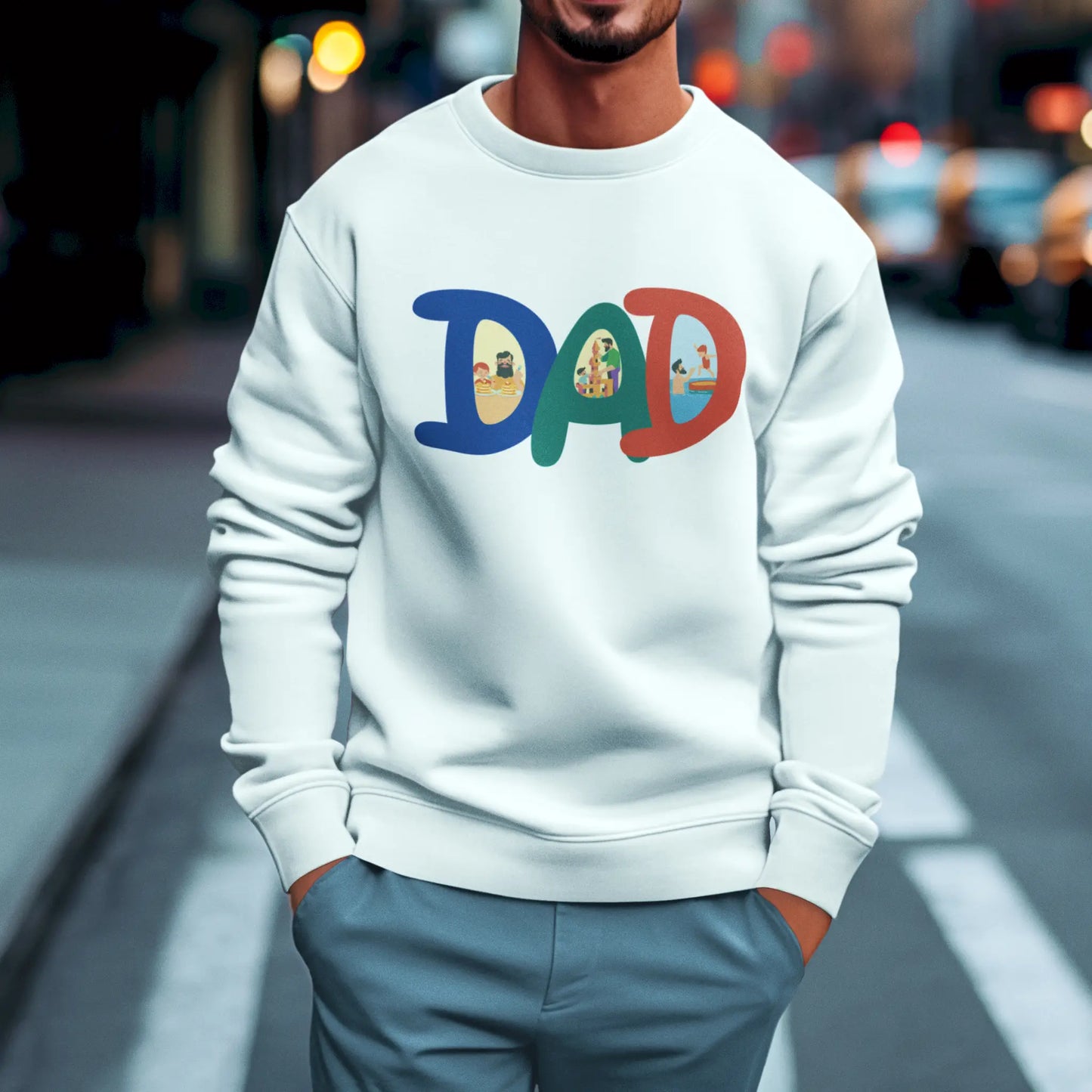 Fatherhood inspired design on a cozy white crewneck | Σχέδιο εμπνευσμένο από την πατρότητα σε άνετο λευκό crewneck