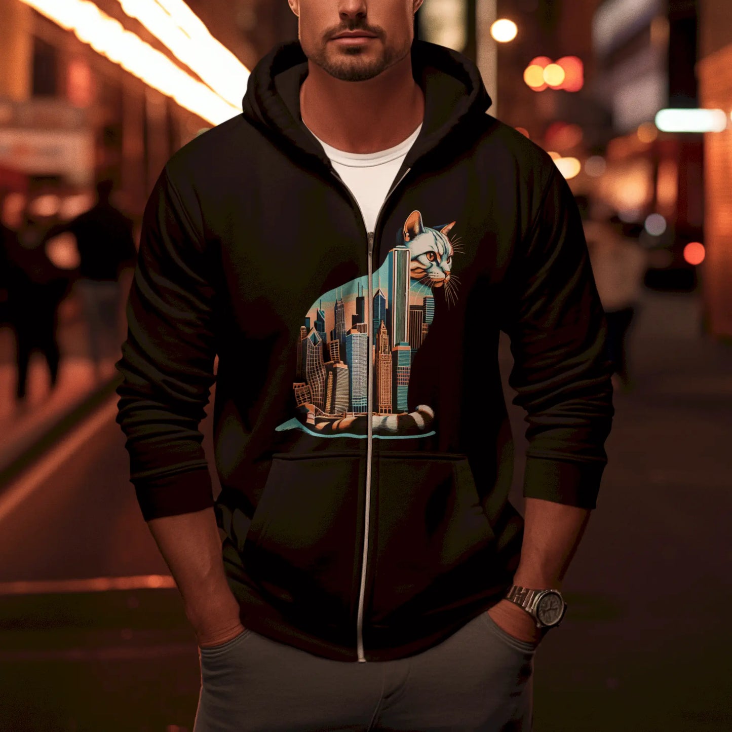 Feline meets architecture on black zip-up hoodie – Καλλιτεχνική ένωση γάτας και skyline σε μαύρη ζακέτα