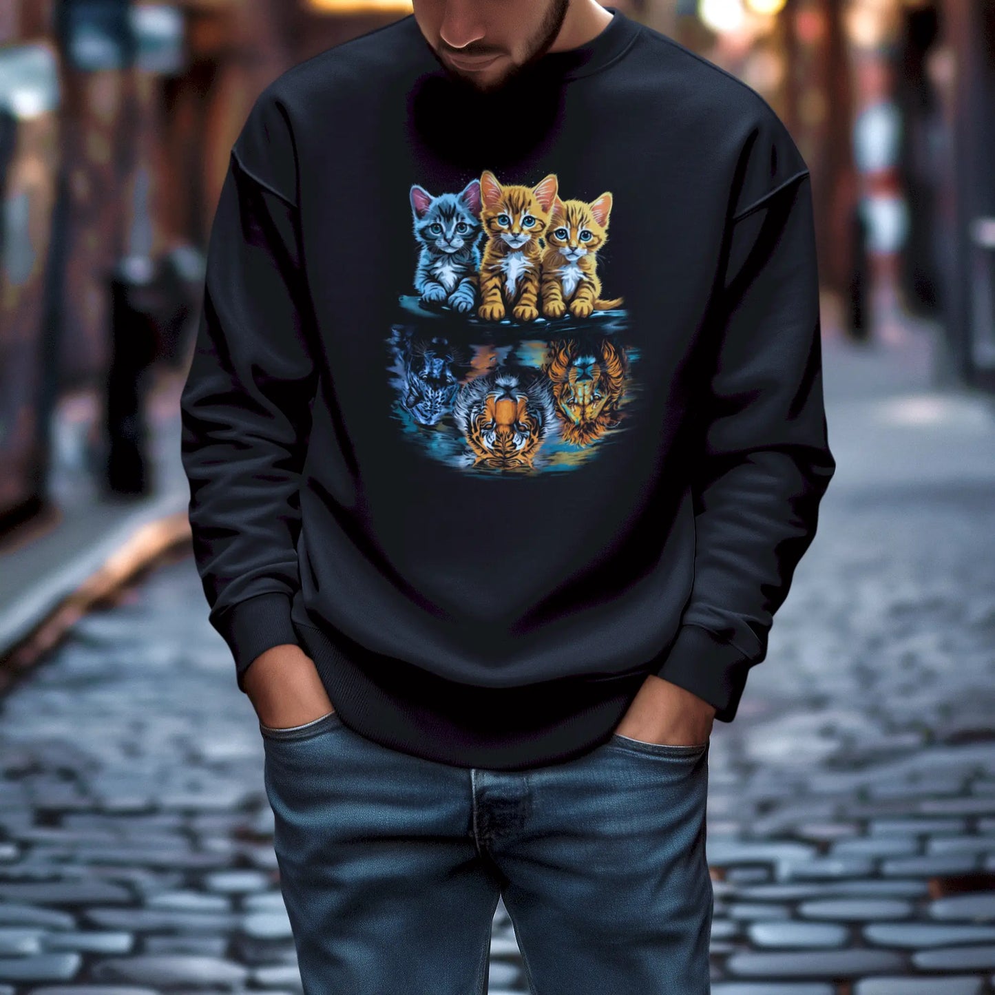 Feline metamorphosis design on black pullover – Print μεταμόρφωσης cute kittens με είδωλα δυναμικών αιλουροειδών