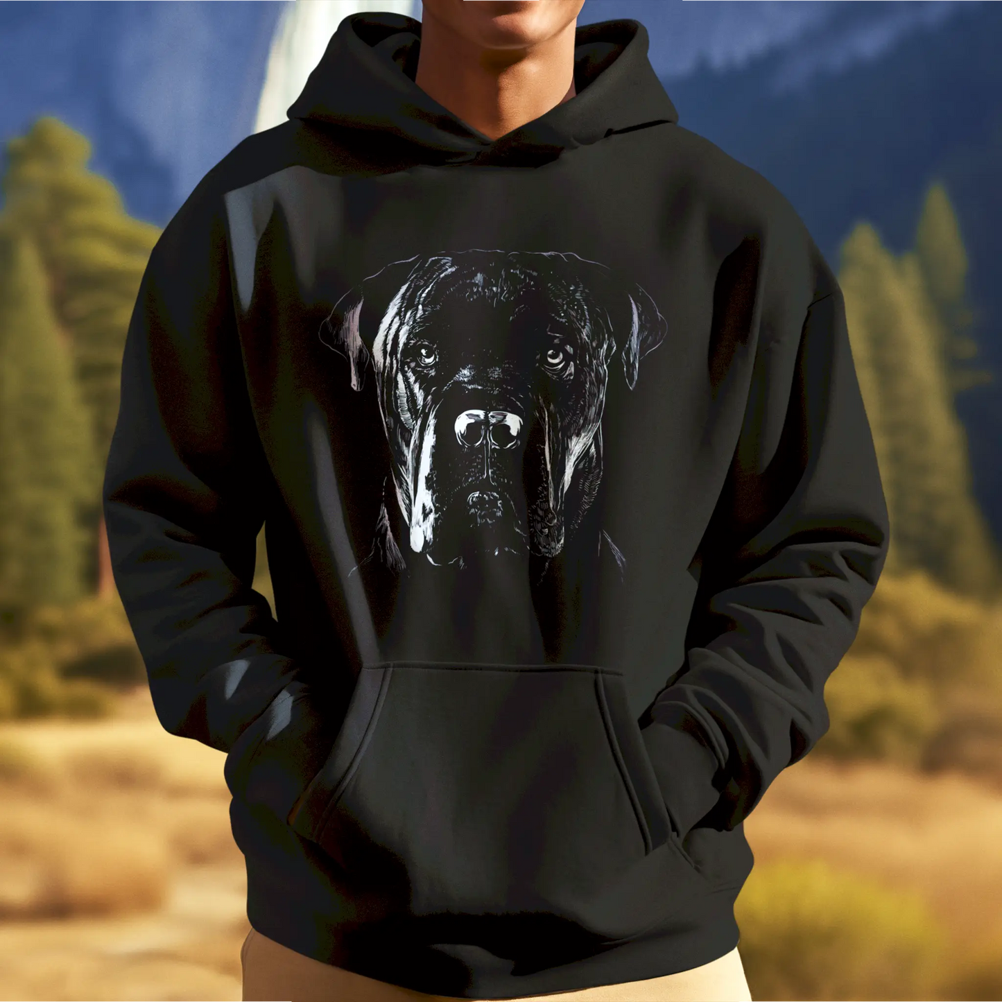 Fierce Italian Mastiff artwork bursts from black hoodie — Το άγριο Cane Corso αναδεικνύεται σε μαύρο hoodie.
