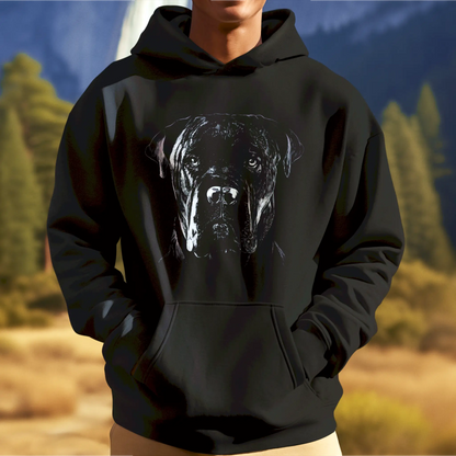 Fierce Italian Mastiff artwork bursts from black hoodie — Το άγριο Cane Corso αναδεικνύεται σε μαύρο hoodie.