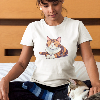 Fluffy calico cat brings warmth to this clean white shirt design - Η χνουδωτή γάτα καλικό φέρνει ζεστασιά σε αυτό το καθαρό λευκό σχέδιο μπλούζας