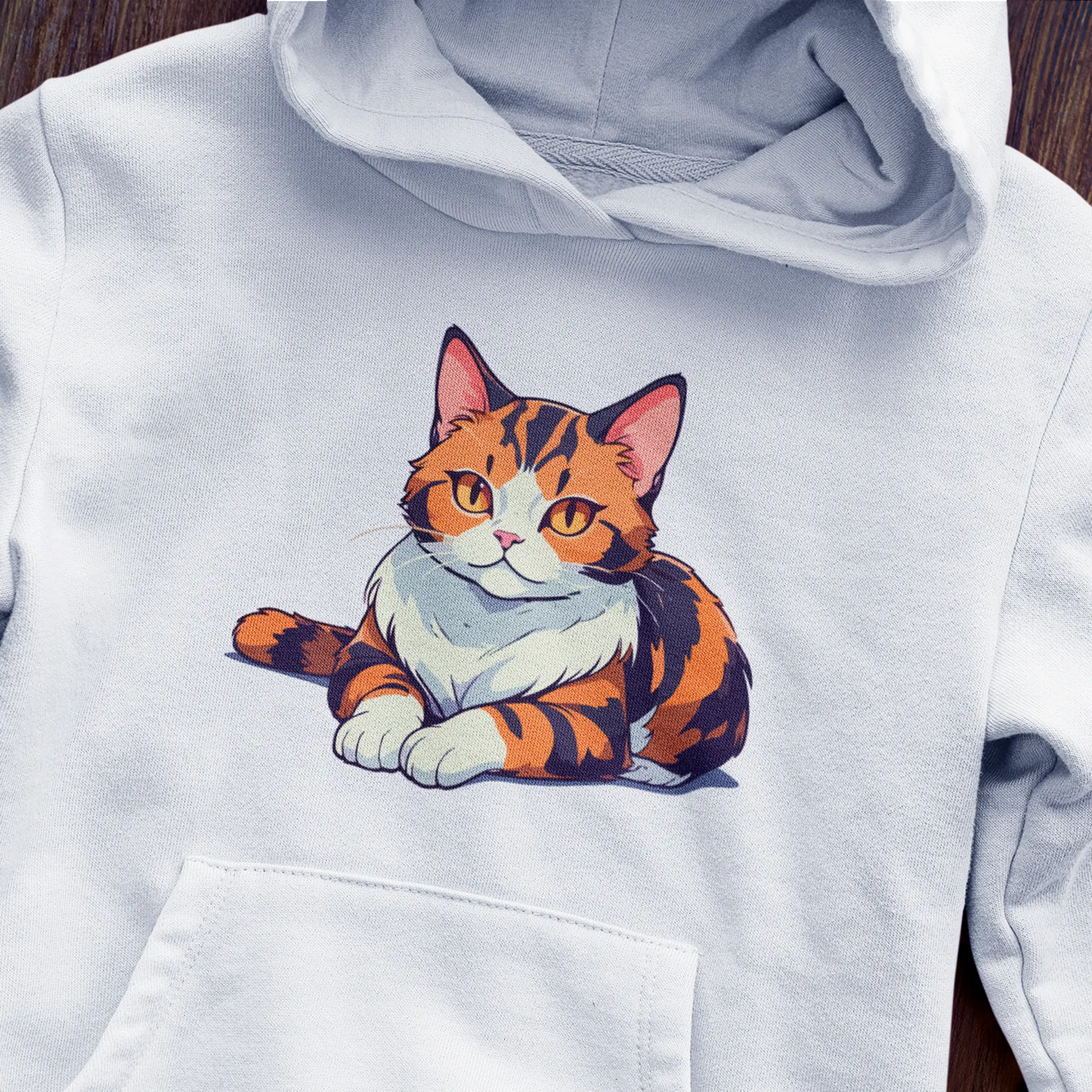 Fluffy calico cat creates the perfect white hoodie companion - Η χνουδωτή γάτα καλικό δημιουργεί τον τέλειο σύντροφο λευκού hoodie
