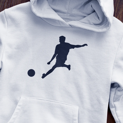 Football action silhouette on white crewneck - αθλητικό λευκό hoodie με ποδοσφαιριστή σε dynamic movement