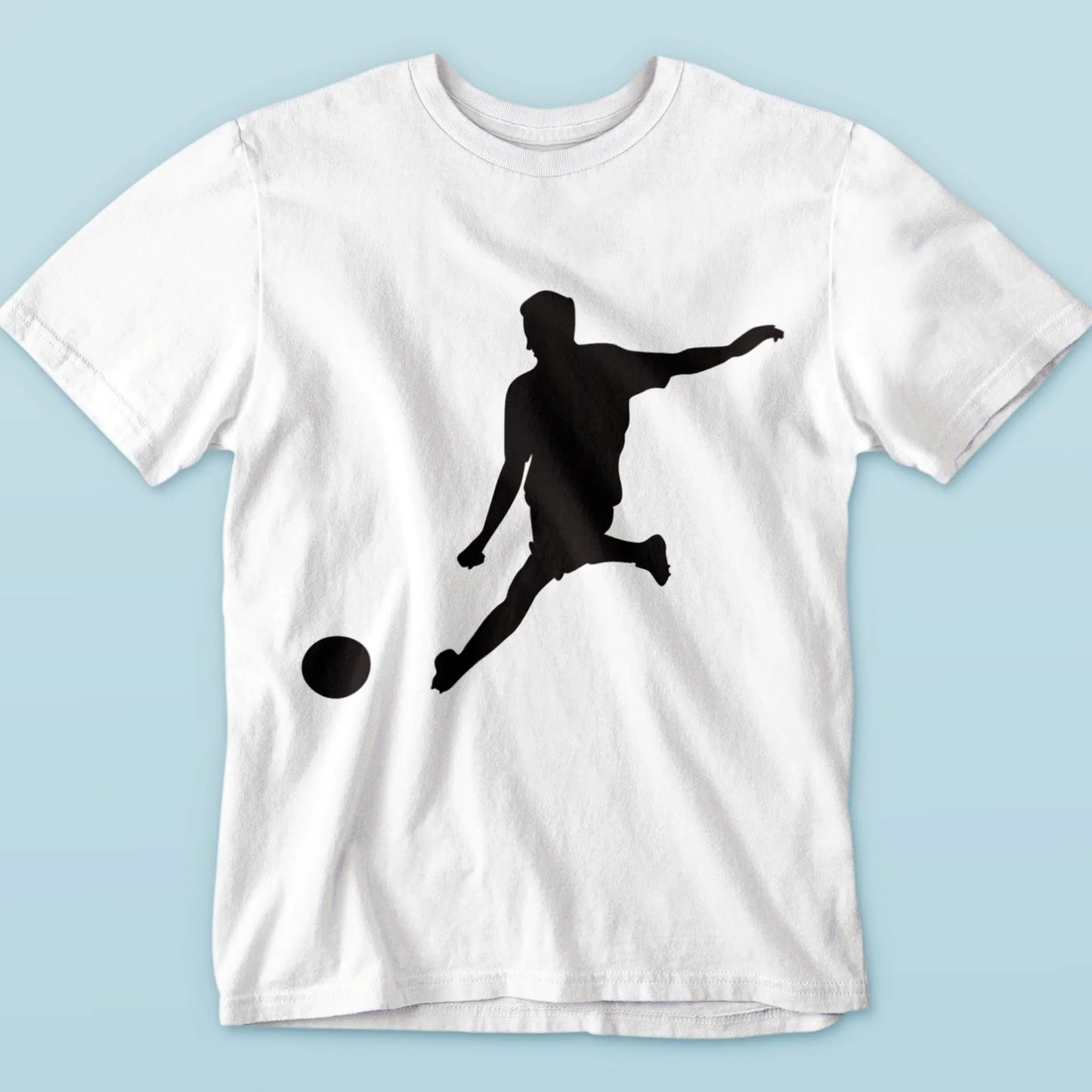 Football action silhouette on white tshirt - αθλητικό λευκό κοντομάνικο μπλουζάκι με ποδοσφαιριστή σε δυναομική κίνηση