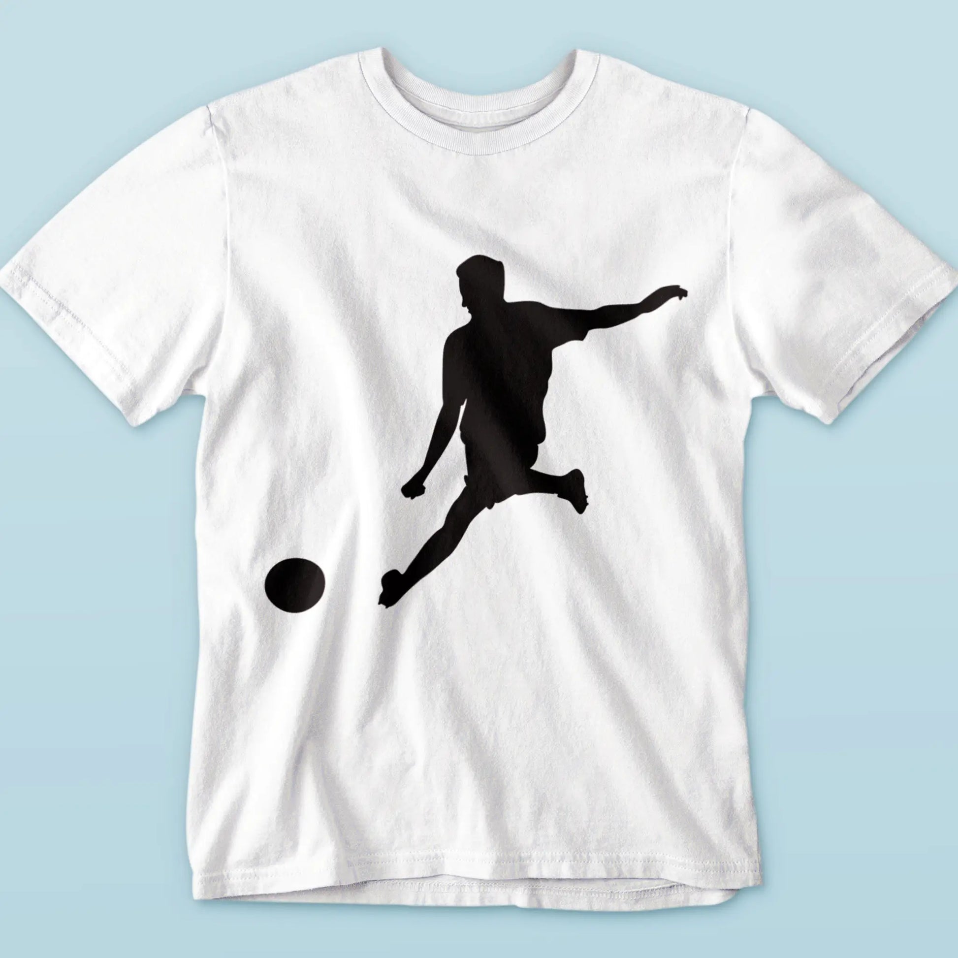 Football action silhouette on white tshirt - αθλητικό λευκό κοντομάνικο μπλουζάκι με ποδοσφαιριστή σε δυναομική κίνηση