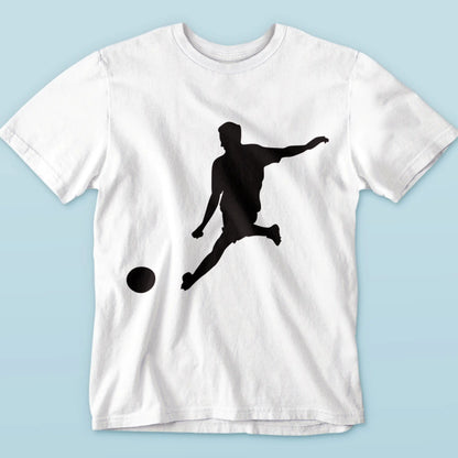 Football action silhouette on white tshirt - αθλητικό λευκό κοντομάνικο μπλουζάκι με ποδοσφαιριστή σε δυναομική κίνηση