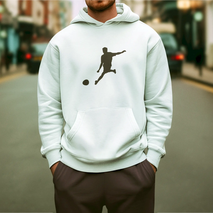 Football action silhouette white hoodie - αθλητικό λευκό hoodie με κουκούλα και σχέδιο ποδοσφαιριστή σε δυναομική κίνηση