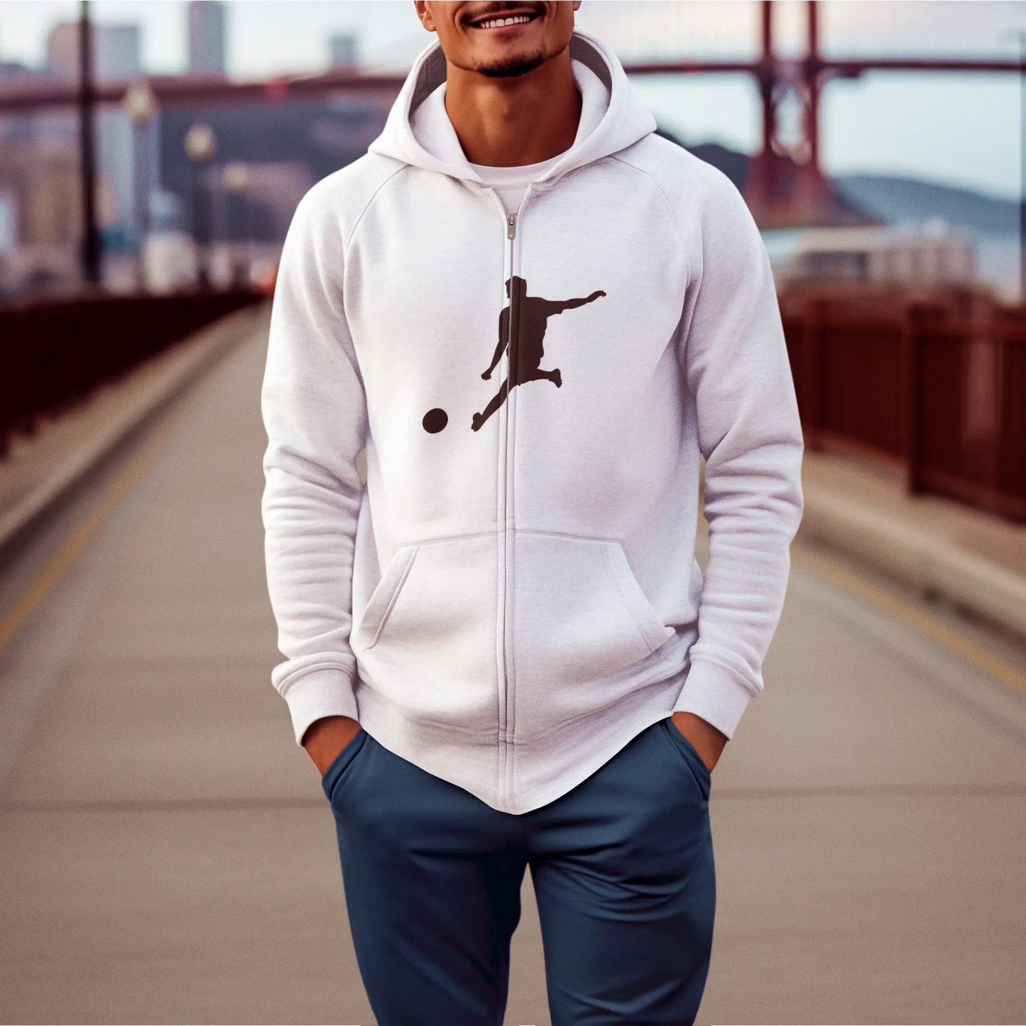 Football silhouette white zip hoodie με player action - λευκή αθλητική ζακέτα με κουκούλα και σχέδιο ποδοσφαιριστή έτοιμο να σκοράρει