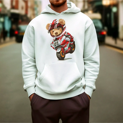 Front view of white hoodie featuring the racing bear design – Μπροστινή όψη λευκού hoodie με το σχέδιο του αγωνιστικού αρκούδου.