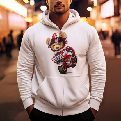 Front view of white zip-up hoodie showcasing the racing bear graphic – Μπροστινή όψη λευκής ζακέτας με κουκούλα και φερμουάρ με το γραφικό του αγωνιστικού αρκούδου.