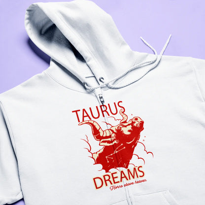 Functional white zip hoodie for Taurus signs who enjoy both earthly comforts and celestial wonders / Λειτουργικό λευκό hoodie με φερμουάρ και κουκούλα για ζώδια Ταύρους που απολαμβάνουν τόσο τις γήινες ανέσεις όσο και τα ουράνια θαύματα