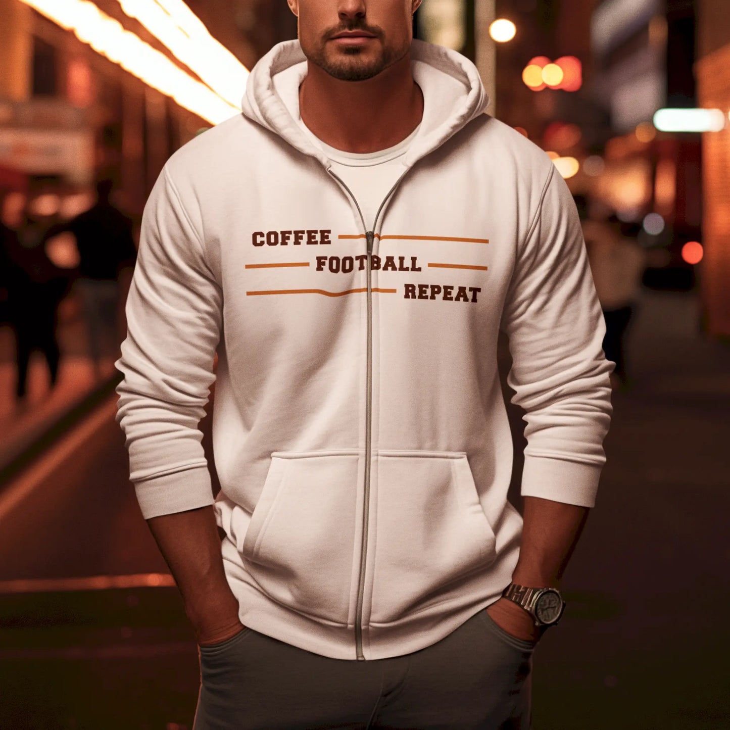 Functional white zip hoodie with football-coffee mantra – Λειτουργικό λευκό zip hoodie με μάντρα ποδοσφαίρου-καφέ